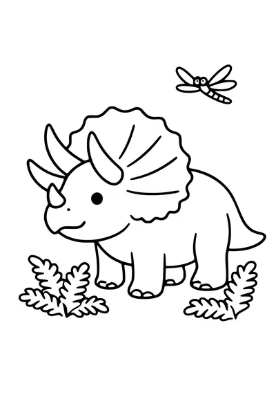 Kleurplaat van een triceratops met nekschild tussen de varens