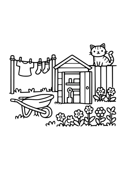 Kleurplaat van een achtertuin met waslijn en schuurtje