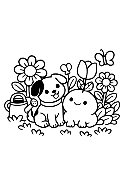 Kleurplaat van een hondje en een wezentje in een tuin met grote bloemen