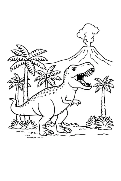 Kleurplaat van een tyrannosaurus tussen boomvarens met een vulkaan