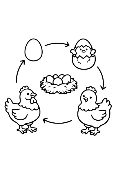 Kleurplaat van de levenscyclus van de kip in een cirkel met nest