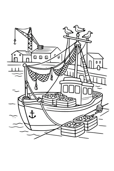 Kleurplaat van een vissersboot aan de kade met netten en kisten