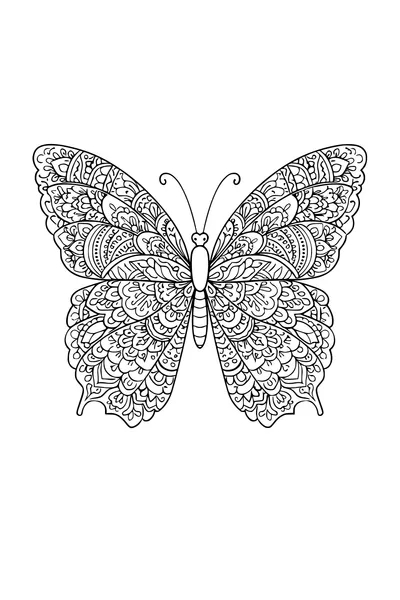 Kleurplaat van een symmetrische vlinder met ornamentele cellen