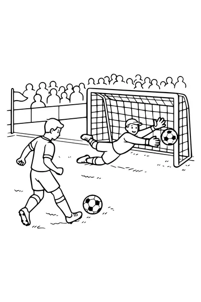 Kleurplaat van een voetbalwedstrijd met een schutter en duikende keeper