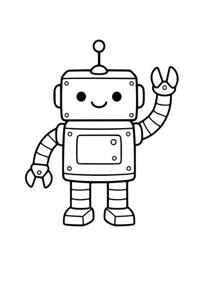 Kleurplaat van een vriendelijke blokkige robot die zwaait