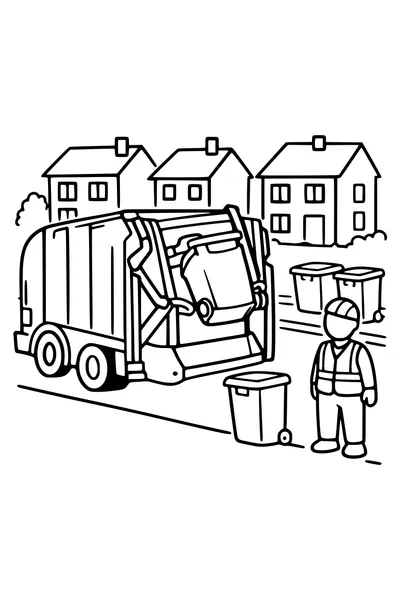 Kleurplaat van een vuilniswagen die een container optilt