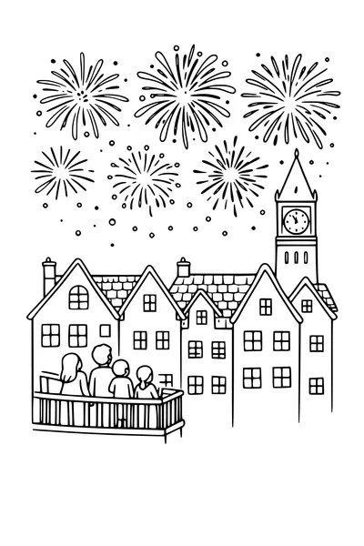 Kleurplaat van vuurwerk boven trapgevels om middernacht