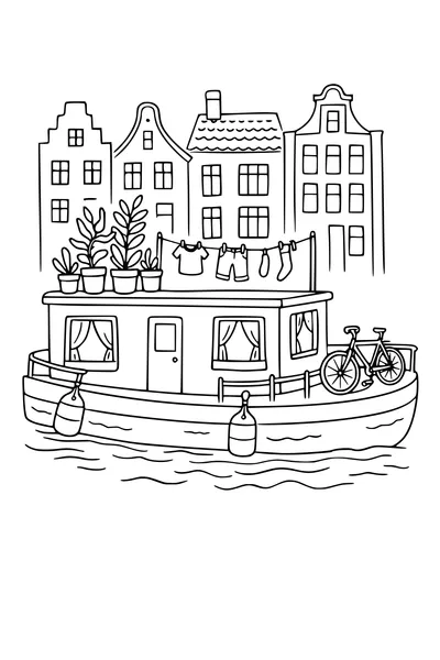Kleurplaat van een woonboot op de gracht met planten en was