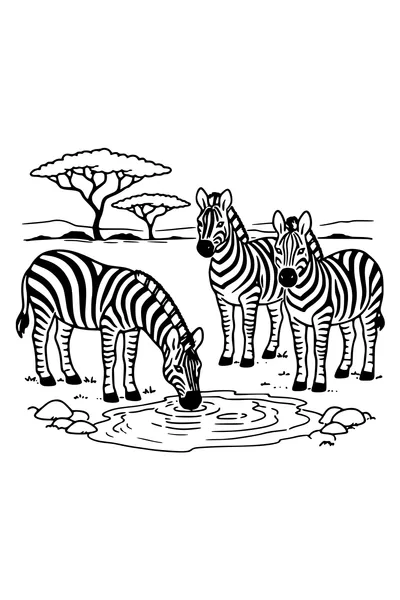 Kleurplaat van drie zebra`s aan een drinkplaats met uitgetekende strepen