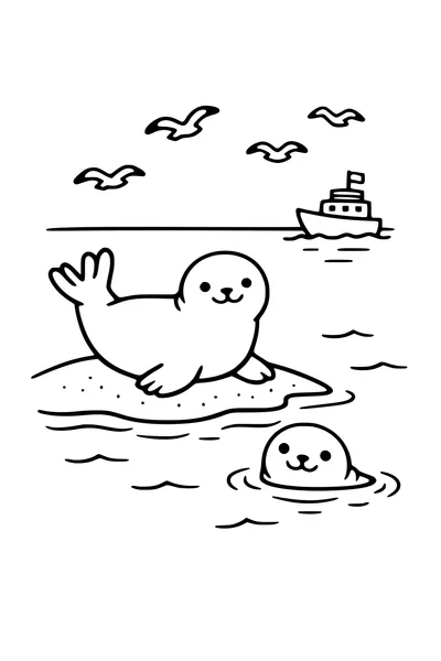 Kleurplaat van een zeehond op een zandbank met een tweede in het water