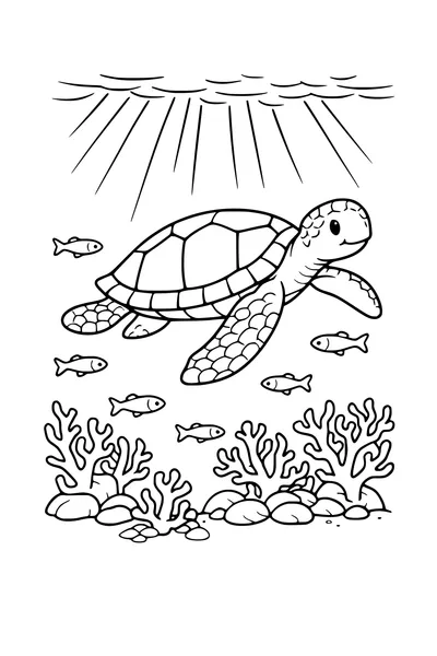 Kleurplaat van een zeeschildpad boven een koraalrif met visjes