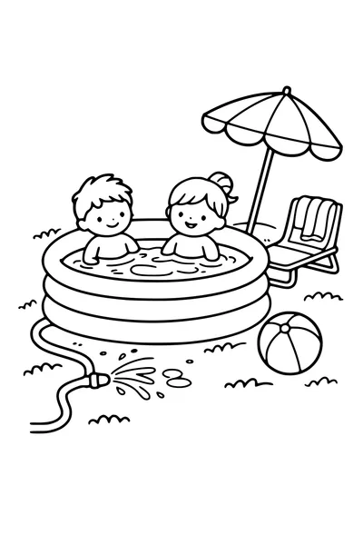 Kleurplaat van een zwembadje in de tuin met twee kinderen